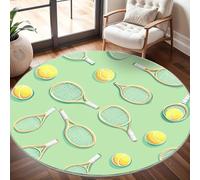 Rond Tapis Poils Courts 3D 160cm Doux et Lavable, Impression de Raquette de Tennis de Dessin Animé Tapi Chambre Moderne Antidérapant Vert Frais Tapis Décoratif Rond pour Salon et Intérieur Extérieur