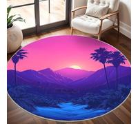 Rond Tapis Poils Courts 3D 160cm Doux et Lavable, Silhouette de Montagnes Et de Palmiers Tapi Chambre Moderne Antidérapant Couleurs NéOn Tapis Décoratif Rond pour Salon et Intérieur Extérieur