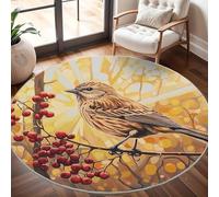 Rond Tapis Poils Courts 3D 180cm Doux Confortable et Lavable, Moineau Animal Et Baies Tapi Chambre Moderne Antidérapant Or Tapis Décoratif Rond pour Salon et Intérieur Extérieur