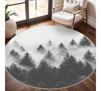 Rond Tapis Poils Courts 3D 180cm Doux Confortable et Lavable, Paysage Brumeux de ForêT de Pins Tapi Chambre Moderne Antidérapant Gris Tapis Décoratif Rond pour Salon et Intérieur Extérieur