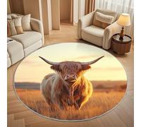 Rond Tapis Poils Courts 3D 80cm Doux Confortable et Lavable, Animal du BéTail des Hautes Terres Tapi Chambre Moderne Antidérapant Prairie du Coucher du Soleil Tapis Rond pour Salon et Intérieur