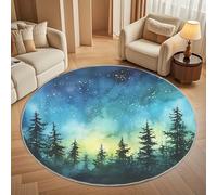 Rond Tapis Poils Courts 3D 80cm Doux et Lavable, Motif de ForêT de Pins Aux Aurores BoréAles Tapi Chambre Moderne Antidérapant Style Aquarelle Tapis Décoratif Rond pour Salon et Intérieur Extérieur
