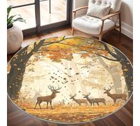 Rond Tapis Poils Courts 3D 80cm Doux et Lavable, Troupeau de Cerfs dans Les Feuilles d'automne Tapi Chambre Moderne Antidérapant Brun Clair Tapis Décoratif Rond pour Salon et Intérieur Extérieur