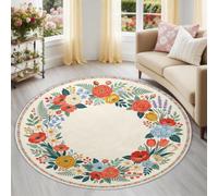 Rond Tapis Poils Courts Campagne Fleur Vintage Rose Tulipe Marguerite Lavable en Machine Antidérapant Poil Ras Doux 90 cm Tapis Chambre Adulte Salle à Manger Bureau Descente Carpet Multicolore