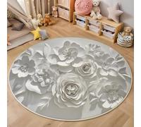 Rond Tapis Salon Blanc Moquette 3D Fleurs en Relief Chambre De Décoration Poil Ras Lavable en Machine Paillasson Plantes Simples Antidérapant Salle A Manger Chambre Adulte,120Cm