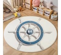 Rond Tapis Salon Bleu Et Blanc Moquette 3D Ancre Symétrique Chambre De Décoration Poil Ras Lavable en Machine Paillasson Art Nautique Antidérapant Salle A Manger Chambre Adulte,160Cm