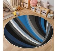 Rond Tapis Salon Bleu-Gris Moquette 3D Rayures Courbes Chambre De Décoration Poil Ras Lavable en Machine Paillasson Art des Vagues Antidérapant Salle A Manger Chambre Adulte,100Cm