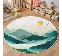 Rond Tapis Salon Bleu-Vert Moquette 3D Lignes De Montagne Chambre De Décoration Poil Ras Lavable en Machine Paillasson Paysage Abstrait Antidérapant Salle A Manger Chambre Adulte,100Cm