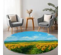 Rond Tapis Salon Champs Tournesols Dans La Campagne Sous Le Ciel 100 cm Tapis Rond Décoratif Lavable en Machine Bleu, Moquette de Salon Moderne Doux Antidérapant pour Salon Chambre Salle a Manger