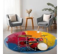 Rond Tapis Salon Couleur, Moquette Dessins Animés Musique Batterie - Tapis Chambre de Décoration Poil Ras Lavable en Machine Paillasson Rond Antidérapant Salle a Manger Chambre Adulte, 180 cm