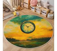 Rond Tapis Salon Jaune-Vert Moquette 3D Horloge Céleste Chambre De Décoration Poil Ras Lavable en Machine Paillasson Domaine De La Peinture À l'huile Antidérapant Salle A Manger Chambre Adulte,180Cm
