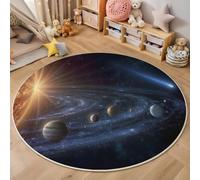 Rond Tapis Salon Lavable Chambre Pile Courte Douce Enfant Bebe Fille Univers Galaxie Planètes du système solaire de Dessin Animé Rampant pour Chambre d'enfant, Salle de Jeux (Bleu foncé, 100cm)
