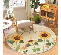 Rond Tapis Salon Lavable Chambre Pile Courte Douce Enfant Rose Fille Garcon Floral Rug Grand Doux Petite Rouge Intérieur Tapis de Jeu pour Bébé Shaggy Fleur Arc-en-Ciel (Crème 4, 100x100cm)