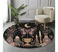 Rond Tapis Salon Lavable, Chambre Pile Courte Enfant Papillons Vases Étoiles Lune Décorations Mystères Rampant pour Bébé, Grand Doux Petite Intérieur Tapis de Jeu pour Bébé (Or violet, 160cm )