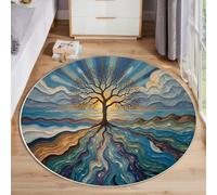 Rond Tapis Salon Lavable, Chambre Pile Courte Enfant Un Arbre Solitaire Lumière Soleil Paysage Abstrait Rampant pour Bébé, Grand Doux Petite Intérieur Tapis de Jeu pour Bébé (Bleu Orange, 100cm )