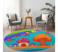 Rond Tapis Salon Maison Conte Fées Grand Arbre Arc Ciel 100 cm Tapis Rond Décoratif Lavable en Machine Bleu Orange, Moquette de Salon Moderne Doux Antidérapant pour Salon Chambre Salle a Manger