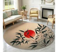 Rond Tapis Salon Oriental Chinois Poils Courts Doux Antidérapant 90 cm | Soleil Feuilles Bambou Tapis de Sol Décoration pour Chambre, Cuisine Balcon Salle à Manger Descente de Lit Intérieur, Marron