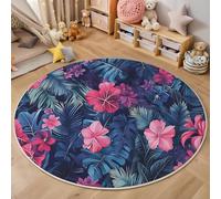 Rond Tapis Salon Rouge Bleu Moquette 3D Fleurs Et Feuilles Chambre De Décoration Poil Ras Lavable en Machine Paillasson Plantes Tropicales Antidérapant Salle A Manger Chambre Adulte,200Cm