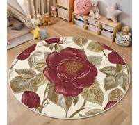 Rond Tapis Salon Rouge Doré Moquette 3D Feuilles Vert Rose Chambre De Décoration Poil Ras Lavable en Machine Paillasson Illustrations Rétro Antidérapant Salle A Manger Chambre Adulte,200Cm