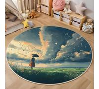 Rond Tapis Salon Vert Moquette 3D Oiseaux des Prés Chambre De Décoration Poil Ras Lavable en Machine Paillasson Personnages Fantastiques Antidérapant Salle A Manger Chambre Adulte,200Cm