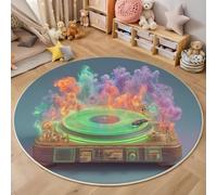 Rond Tapis Surréalisme Musical Salon Lavable, Anti Slip Pile Courte Douce Chambre Tourne-Disque Flamme Fumée Imprimé Coloré Tapis, pour Salon Salle à Manger Chambre d’Enfant Nurserie 160cm
