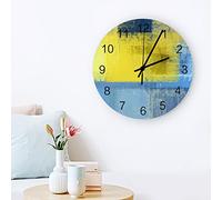 Ronde Horloge Murale Jaune Bleu, Peinture À l'huile Moderne Art Abstrait Esthétique Géométrique Pendule Murale Vintage Décoration D'Intérieur Silencieuse Horloge pour Café Salon Hôtel