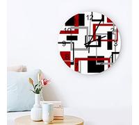 Ronde Horloge Murale Rouge Gris Noir, Géométrie Moderne Art Abstrait Esthétique Pendule Murale Silencieuse Horloge Vintage Cuisine Horloge pour École Salon Hôtel