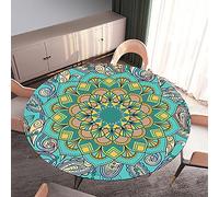 Ronde Nappes Imperméable avec Bord Élastique Ajustable, Treer Mandala Rondes Nappe de Table Anti-Taches Lavable 3D Imprimé Couverture de Table pour Cuisine Picnic Jardin (Sarcelle,120cm)