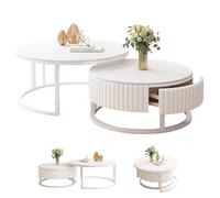 Ronde Table Basse Blanche Moderne Gigogne Lot De 2 avec Tiroir De Rangement - Table D'appoint 50+70cm Marbre Coulissants Silencieux