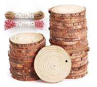 Rondin de Bois,ilauke 50pcs Tranches de Bois Naturel Brut de 6 à 7cm avec Trou Pré-Percé et Ficelle de 20m,Disques en Bois pour Brûler du Bois,Peinture,Bricolage,Décoration de Fête de Mariage Marque
