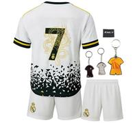 Rondo Ensemble maillot pour enfant n° 7 - Maillot Real pour enfant avec short, chaussettes, autocollants (5 x 5 cm), protège-tibias, poster et bonnet de Noël - Kit de football pour fans, entraînement