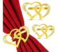 Ronds de serviette de Saint-Valentin dorés - Lot de 6 porte-serviettes à boucles avec clips en forme de double cœur en strass pour Saint-Valentin, mariage, dîner, fête, bouquet, décorations de table