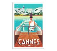 RONGCHENG Affiche de voyage vintage Cannes France Speedboat Girl - Art sur toile - Décoration murale - Affiche imprimée - Peinture cadeau