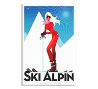 RONGCHENG Affiche de voyage vintage sur toile représentant une fille du ski des Alpes françaises - Décoration murale - Poster imprimé - Peinture cadeau