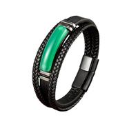 RONGHUAN Bracelets Cuir Homme,Bracelet en Cuir pour Homme, Bracelet Simple en Agate Verte, Bracelet en Cuir Tressé Multicouche, Bracelet Noir Réglable, Cadeau pour Papa, Petit Ami, Mari 23 Cm