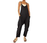 Rongseng salopette femme ete fluide salopettes et combinaison femme salopette en lin fluide jambe donna larga boheme femme ample Avec poches et col en V sans manches casual et extra large couleur unie