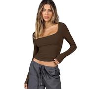 Rongseng T-Shirts à Manches Longues pour Femmes Crop Tops Col Carré Sexy Slim Fit Basic Tops Y2K Cropped Shirt Moulant Haut Court Couleur Unie Workout Tee Sweatshirt Mode Décontracté Streewear