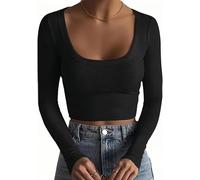 Rongseng T-Shirts à Manches Longues pour Femmes Crop Tops Scoop Neck Sexy Slim Fit Basic Tops Y2K Cropped Shirt Moulant Haut Court Chic Sweatshirt Couleur Unie Workout Tee Mode Décontracté Streewear
