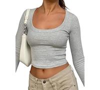Rongseng T-Shirts à Manches Longues pour Femmes Crop Tops Scoop Neck Sexy Slim Fit Basic Tops Y2K Cropped Shirt Moulant Haut Court Chic Sweatshirt Couleur Unie Workout Tee Mode Décontracté Streewear