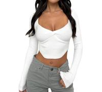 Rongseng T-Shirts à Manches Longues pour Femmes Sexy Crop Tops Côtelées Col en Cœur Slim Fit Haut Court Y2K Cropped Shirt Basic Tops Mignonnes Pulls Chemises Mode Décontracté Clubwear Streewear