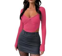 Rongseng T-Shirts à Manches Longues pour Femmes Sexy Crop Tops Côtelées Col en Cœur Slim Fit Haut Court Y2K Cropped Shirt Basic Tops Mignonnes Pulls Chemises Mode Décontracté Clubwear Streewear