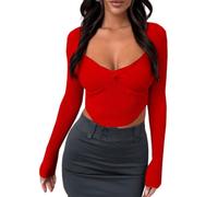 Rongseng T-Shirts à Manches Longues pour Femmes Sexy Crop Tops Côtelées Col en Cœur Slim Fit Haut Court Y2K Cropped Shirt Basic Tops Mignonnes Pulls Chemises Mode Décontracté Clubwear Streewear