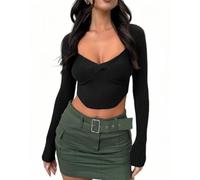 Rongseng T-Shirts à Manches Longues pour Femmes Sexy Crop Tops Côtelées Col en Cœur Slim Fit Haut Court Y2K Cropped Shirt Basic Tops Mignonnes Pulls Chemises Mode Décontracté Clubwear Streewear