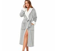 RONGTAI Plush Fleece Bathrobe for Women, Long Robe with Two Side Pockets and Belt, Warm and Cozy Fluffy Sleepwear Nightgown (Gray, M)