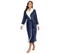 RONGTAI Plush Fleece Bathrobe for Women, Long Robe with Two Side Pockets and Belt, Warm and Cozy Fluffy Sleepwear Nightgown (Navy Blue, XL)