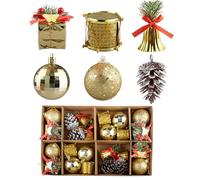 Rongxze Lot de 24 décorations de sapin de Noël dorées - Boules à paillettes, pommes de pin et cloches - Suspensions festives incassables pour sapin de Noël, couronnes et décoration