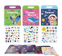 Rongxze Lot de 3 Livres D'autocollants Réutilisables, Cahier D'autocollants, Autocollants de Voyage et Livre Occupé 3D pour Enfants de 3 à 6 Ans, Insectes, Espace, Monde sous Marin