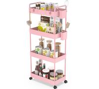 Ronlap Chariot de cuisine à 4 niveaux, chariot de service avec gobelet de suspension, séparateur, crochet, étagère sur roulettes pour cuisine, chambre à coucher, bureau, rose
