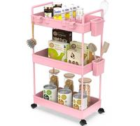 Ronlap Chariot de rangement fin, chariot à roulettes 3 niveaux, utilitaire avec poignée, séparateurs pour bureau, salle de bain, cuisine, buanderie, endroits étroits, rose