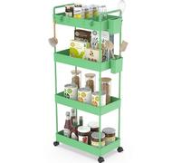 Ronlap Desserte de cuisine à 4 niveaux, chariot de service avec tasse suspendue, séparateur, crochet, étagère sur roulettes pour cuisine, chambre, bureau, vert